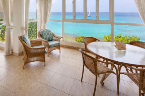 This image shows a bright and airy beachfront room with a beautiful view of the ocean