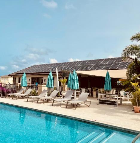 This image shows a tranquil poolside area in a sunny, clear weather setting
