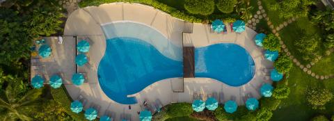 This image shows a beautiful overhead view of a pool area