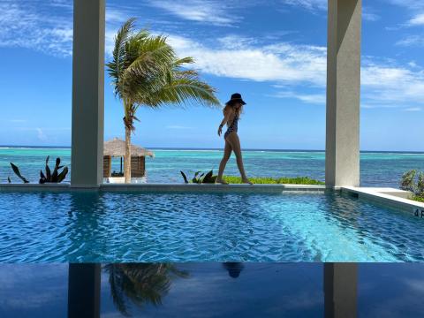 This image features a scenic tropical setting with an infinity pool overlooking a clear blue ocean