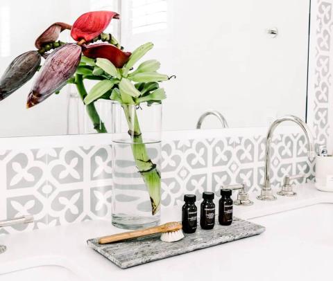This image shows a stylish bathroom vanity area