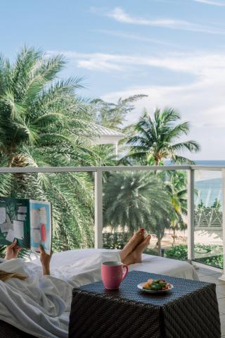 The image is a split view of a relaxing scene at a tropical location