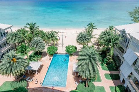 The image shows a vibrant beachfront scene