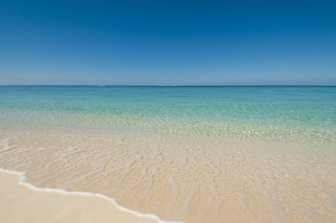 The image shows a beautiful beach scene with crystal clear waters and fine, sandy shore