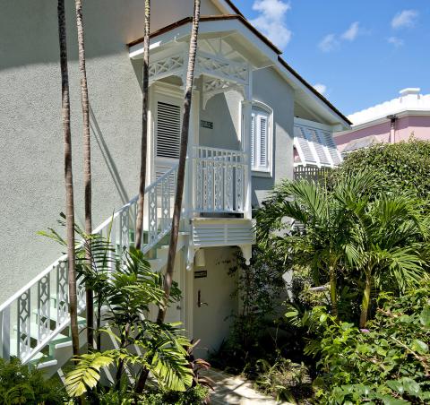 This image features the exterior of a charming house, surrounded by a lush tropical garden with palm trees