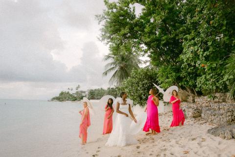 The image is of a beach wedding scene