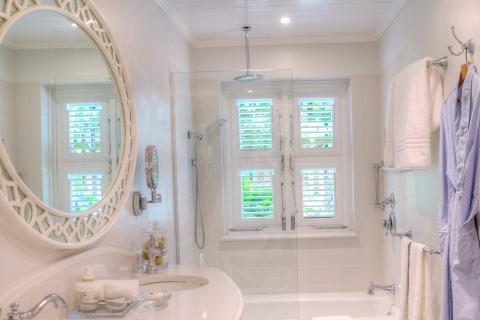 The image shows a well-lit, modern bathroom
