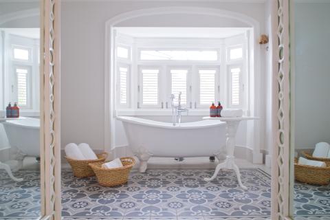 This image shows a stylish bathroom interior