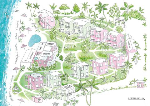 This image is a colorful and illustrated map of a coastal village or resort area