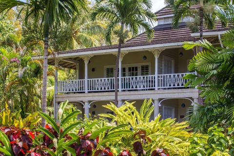 This image shows a two-story house nestled amongst lush tropical vegetation