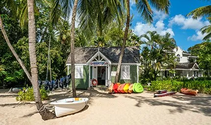 The image shows a picturesque beach scene