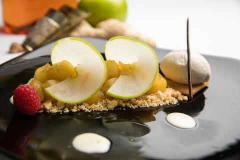 This image features a beautifully plated dessert