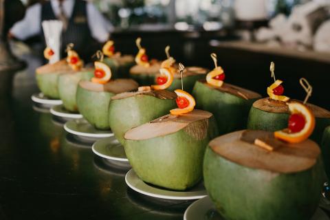 This image features multiple fresh green coconuts, each expertly cut open and presented on white plates