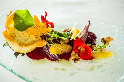 This image showcases a vibrant and artistically plated gourmet dish