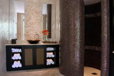 The image shows a luxuriously designed bathroom