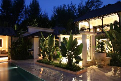 This image shows an elegant outdoor setting at dusk