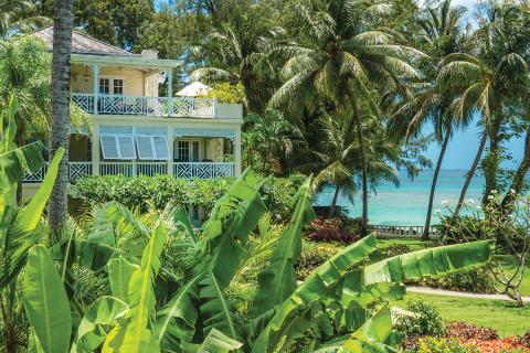 The image shows a beautiful tropical setting with a lovely two-story house nestled among lush vegetation