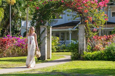 This image features a scene of a picturesque garden with a woman walking along a pathway