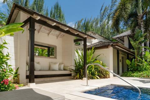 This image features an elegant outdoor residential pool area