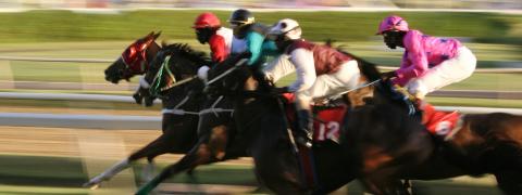 This image captures a dynamic scene from a horse race during action