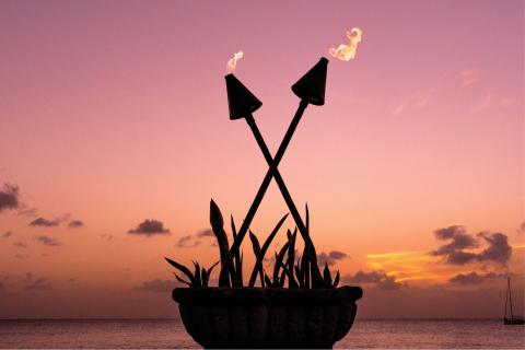 This image displays a romantic and tropical scene featuring a large planter with several crisscrossed tiki torches, each topped with a glowing flame