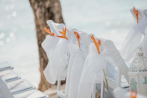 This image shows a beautifully set up beach wedding scene
