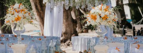 This image shows an elegantly arranged outdoor wedding venue