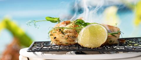 The image features a beautifully presented seafood dish, consisting of grilled shrimp elegantly arranged on a small grill placed over white hot stones