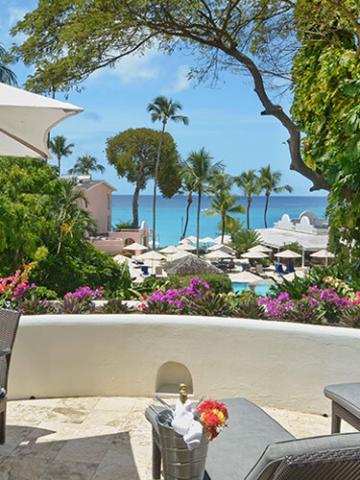 This image displays a scenic and luxurious resort view