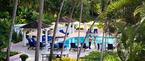 This image shows a luxurious outdoor pool area, surrounded by lush tropical landscape with palm trees and other greenery