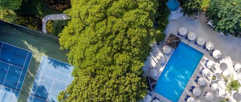 This image shows an aerial view of a leisure area featuring several amenities