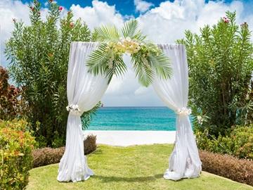 The image shows a beautiful wedding arch setup against a vibrant coastal backdrop