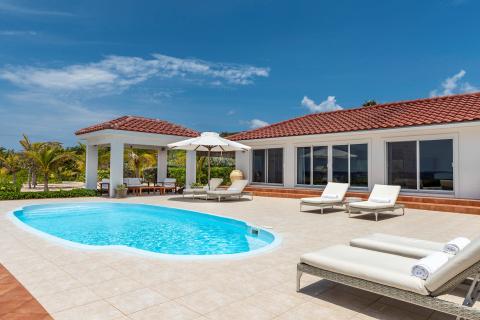 The image depicts a luxurious outdoor setting, featuring a beautiful swimming pool with a kidney shape and crystal-clear blue water