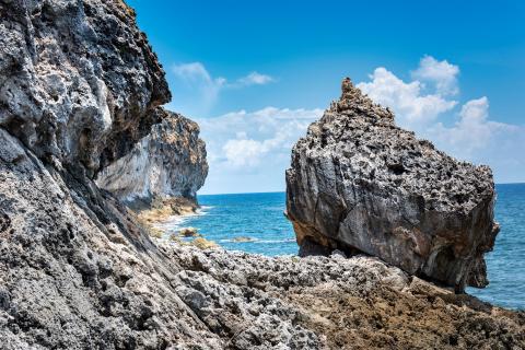 The image shows a rugged coastal landscape characterized by sharp, jutting rock formations