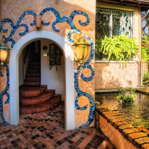 This image presents a charming architectural scene, split into two sections:

1