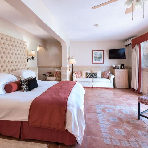 The image shows a spacious and well-decorated hotel room