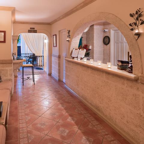 This image shows an interior space that has a Mediterranean or traditional European architectural style