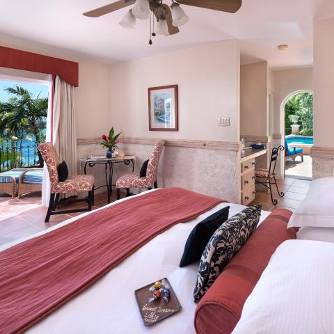 This image shows a beautifully decorated hotel room