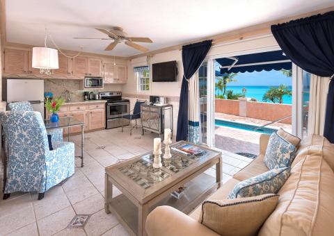 The image depicts a well-appointed indoor living area opening onto an outdoor pool and patio space
