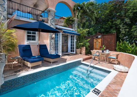 This image shows a charming outdoor patio area featuring a small rectangular swimming pool surrounded by brick paving