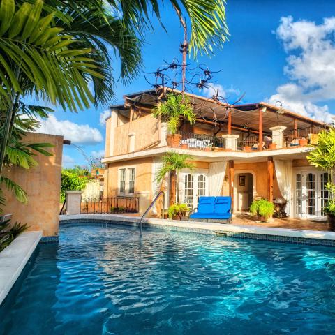 The image shows a luxurious backyard with a large swimming pool