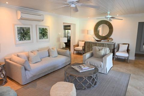 This image features a stylish and serene living room area
