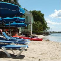 The image shows a beach scene with several elements