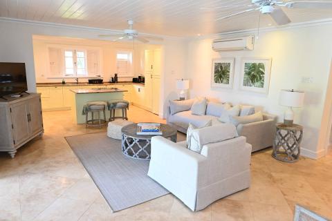 This image showcases a modern and bright living room that transitions into an open kitchen area