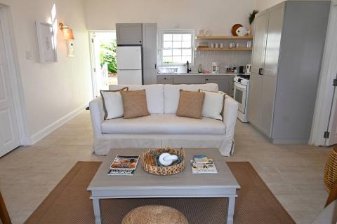 This image shows a well-furnished room that functions as both a sitting area and a kitchen