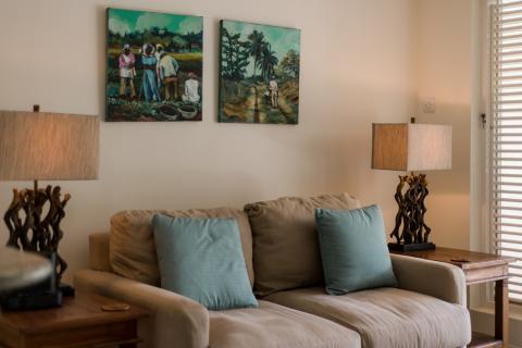This image shows a well-decorated living room interior