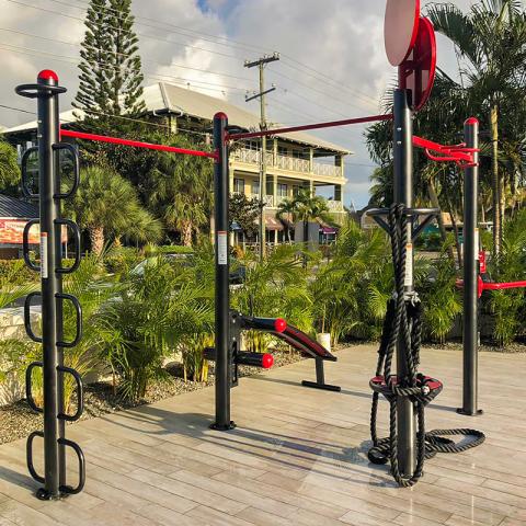 This image features an outdoor gym setup with various exercise equipment
