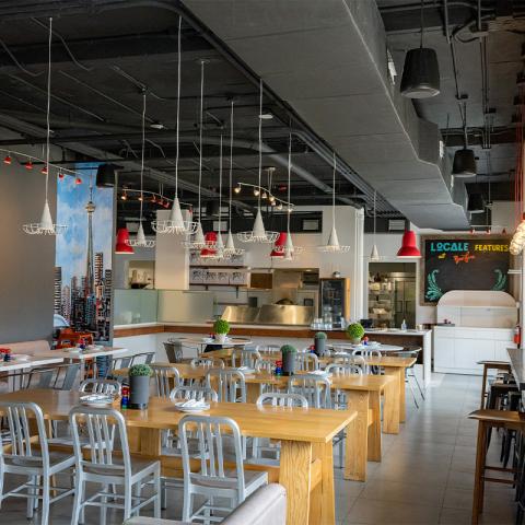 This image shows the interior of a modern restaurant or cafe