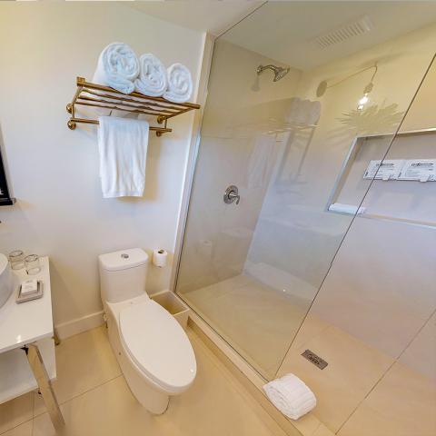 The image shows a modern and well-maintained bathroom