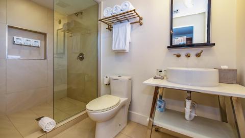 This image shows a modern and neatly arranged bathroom interior